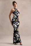 Tuscany Black Floral Print Halter Neck Split Maxi Dress