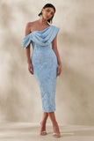 Loria Powder Blue Lace Asymmetric Neck Midi Dress With Draped Detailing