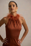 Bianca Rust Satin Feather Trim Maxi Dress