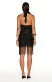 Rhani Black Sequin Tassel Cowl Mini Dress
