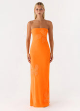Sassafras Beaded Flower Strapless Maxi Dress Orange