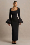 Retreat Black Square Neck Maxi Dress With Satin Puff Sleeves