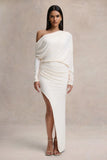 Olivia Cream Asymmetric Neck Maxi Dress With Ruched Detailing Asymmetric Hem