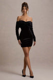 Gilda Black Velvet Bardot Long Sleeve Mini Dress