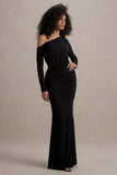 Deanna Black Asymmetric Long Sleeve Ruched Maxi Dress
