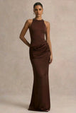 Akari Brown Crew Neck Maxi Dress With Satin Skirt