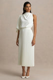 Jimena Cream High Neck Midi Dress With One Long Sleeve And Pleated Detailing