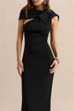 Clarina Black Asymmetric Neck Midi Dress With Bow Detail