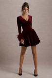 Pasilla Port Velvet Plunge Neck Feather Trim Mini Dress