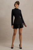 Athena Black Long Sleeve Mini Dress With Pleated Hem