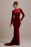 Keaton Berry Velvet Long Sleeve Open Back Maxi Dress