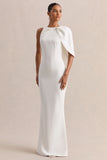 Quira White Asymmetric Neck Maxi Dress With Cape Sleeve