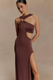 Lottie Slinky Maxi Dress With Split Chocolate