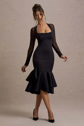 Sander Black Mesh Long Sleeve Ruffle Hem Midi Dress