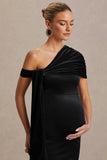Zena Black Velvet Asymmetric Neck Maternity Midi Dress With Knot And Sash Detail