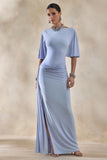 Emerelle Powder Blue Wide Neck Maxi Dress With Sash And Draped Detailing