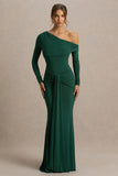 Clover Dark Green Asymmetric Neck Wrapped Maxi Dress With Sash