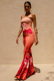 Ceremony Pink Ombre Floral Print Bandeau Fishtail Maxi Dress