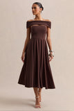Mavina Brown Bardot Neck Midi Dress