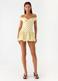 Endless Romance Off Shoulder Mini Dress Yellow Polkadot