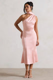 Golden Girl Blush Pink Satin One Shoulder High Neck Flared Midi Dress