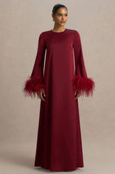 Adella Burgundy Satin Feather Trim Maxi Dress
