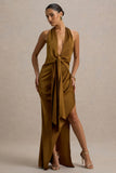 Lynette Olive Satin Plunge Neck Maxi Dress With Asymmetric Hem