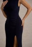 Lanetta Navy Ruched High Neck Maxi Dress With Split