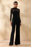 Emeria Black High Neck Jumpsuit With Long Mesh Sleeves