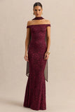 Iselle Burgundy Lace Bardot Neck Maxi Dress With Scarf Detail