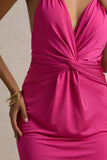 Santez Hot Pink Twisted Plunge Neck Maxi Dress
