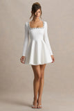 Astonish White Long Sleeve Embellished Square Neck Mini Dress With Volume Skirt