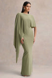 Ravena Olive Crew Neck Maxi Dress With Asymmetric Cape Sleeve