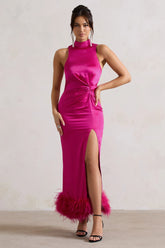Zoe Dark Pink Satin Twist Split Maxi Dress With Feather Trim