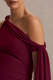 Orielle Burgundy Asymmetric Neck Maternity Maxi Dress With Knot Sleeve And Sash