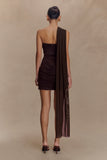 Mattea Slinky And Mesh Mini Dress With Scarf Dark Chocolate