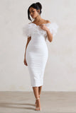Ladylike White Ruched Bardot Midi Dress With Organza Trim