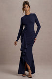 Alayna Navy Long Sleeve Maxi Dress With Ruffled Split