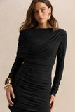Anavine Black Round Neck Mini Dress With Long Sleeves And Draped Detailing