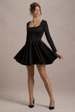 Wilder Black Embellished Square Neck Long Sleeve Skater Mini Dress