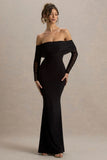 Madeleine Black Fishtail Maxi Dress With Bardot Mesh Long Sleeves