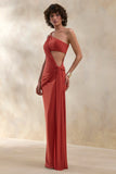 Clarosia Rust Asymmetric Neck Maxi Dress With Cut Out With Sash