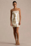 Casandra Champagne Sequin Bandeau Mini Dress With Satin Trim