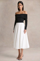 Frederica Black And White Bardot Neck Midi Dress