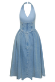 Miller Denim Halter Midi Dress Classic Blue