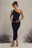 Late Night Navy Maternity Ruched One Shoulder Midi Dress