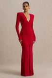 Jewel Red Plunge Neck Maxi Dress With Front Split and Ruched Detailing