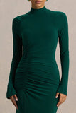 Cassandra Bottle Green High Neck Long Sleeve Midi Dress