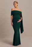 Aquila Bottle Green Bardot Maternity Maxi Dress With Draped Detail