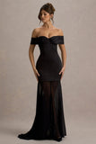 Anders Black Satin Bardot Maxi Dress With Sheer Skirt